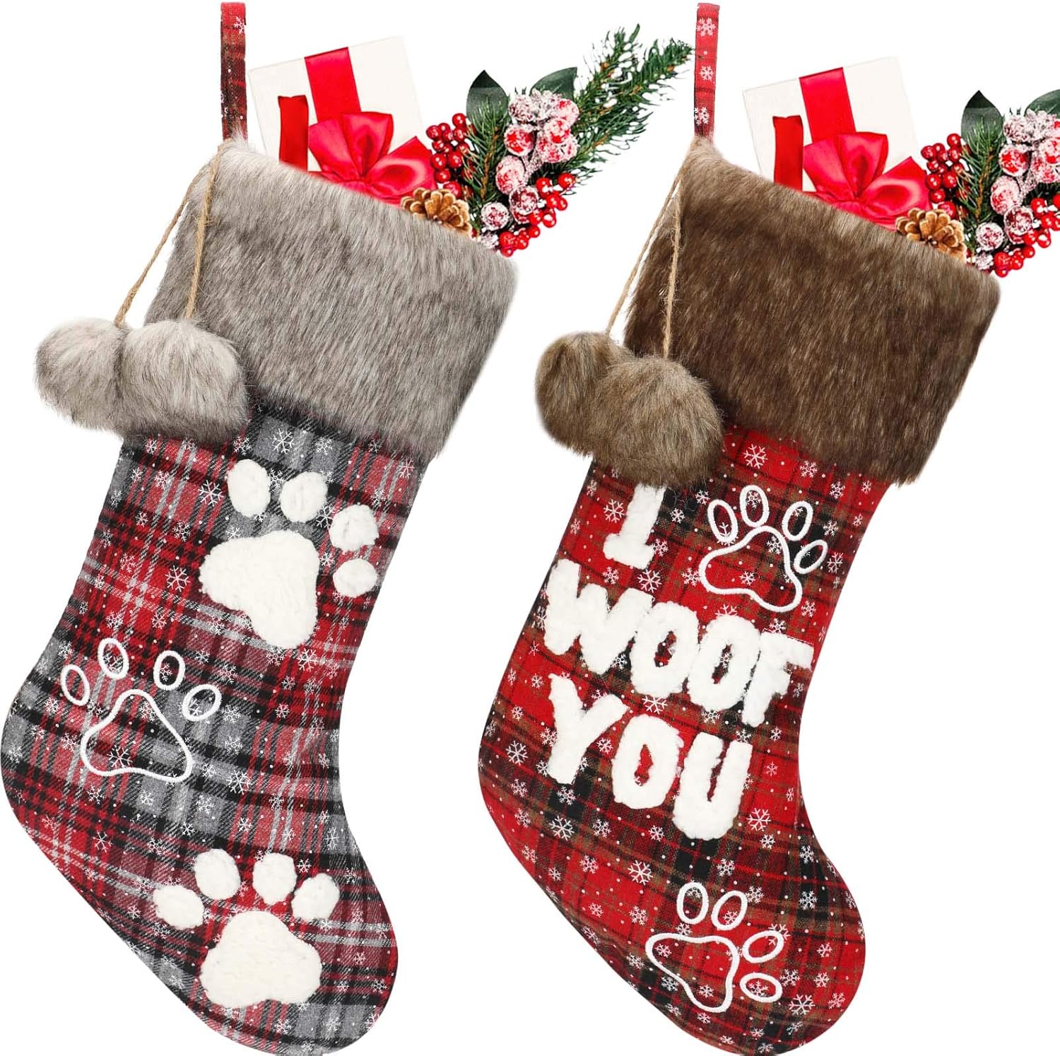 Stockings & Holders - Skylety 2 Pieces Dog Christmas Stocking 20 Inch Buffalo Plaid Christmas Stockings Plush Faux Fur Cuff Christmas Hanging Stockings with Letter and Dog Paw for Xmas Decoration (Black Red)