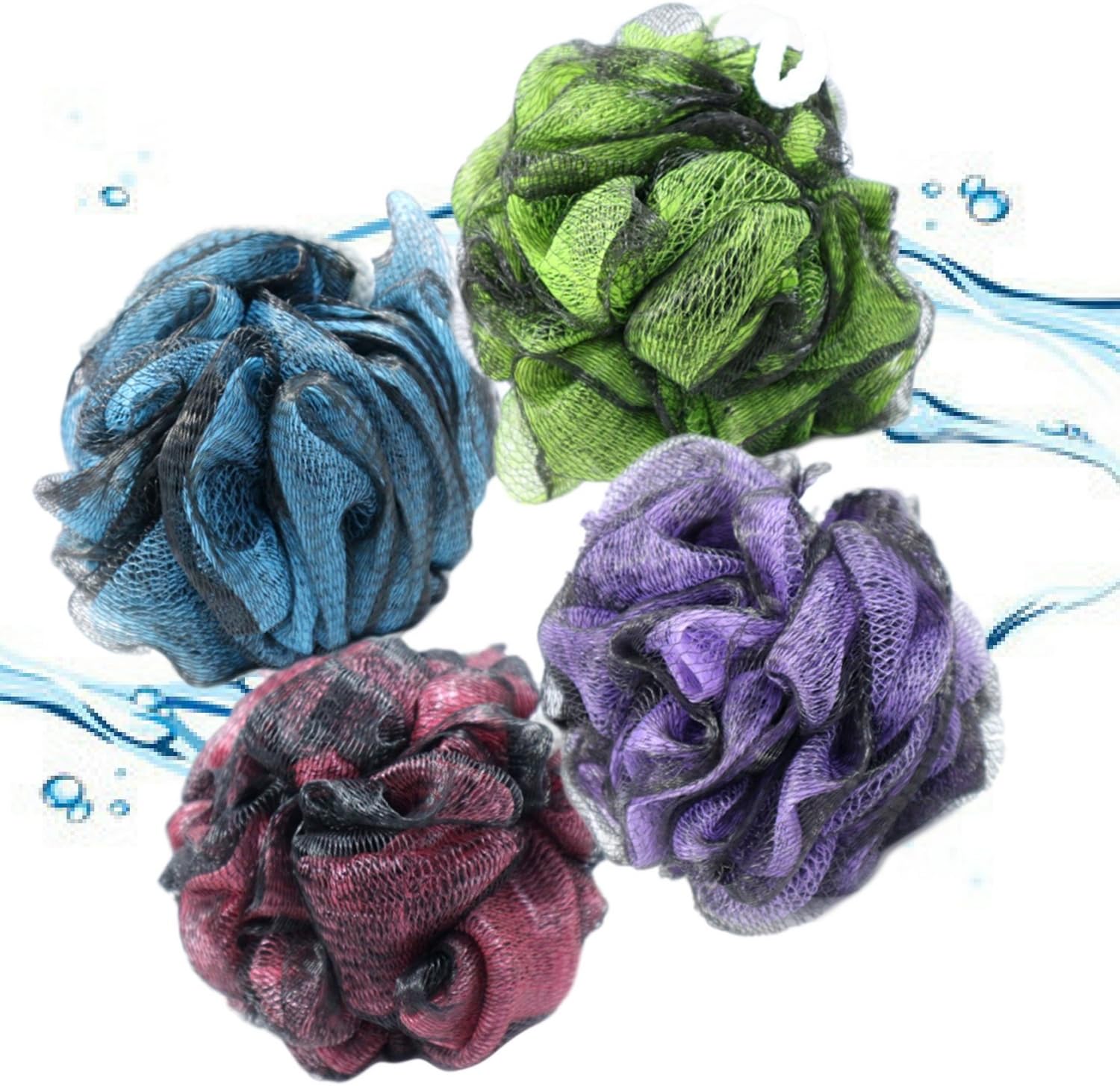 Modern Skin Labs Loofah Shower Pouf Pack with 4 Mesh Sponge Scrubbers and Hanging Hooks