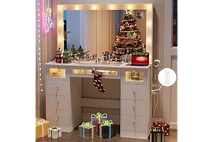 IFSEB Makeup Vanity Desk with LED Lights and Large 36.9’’ Mirror, 9 Drawers Vanity with Glass Top & 3 Color Hollywood Bulbs, Make Up Vanity with Charging Station & Crystal Knobs for Woman, White