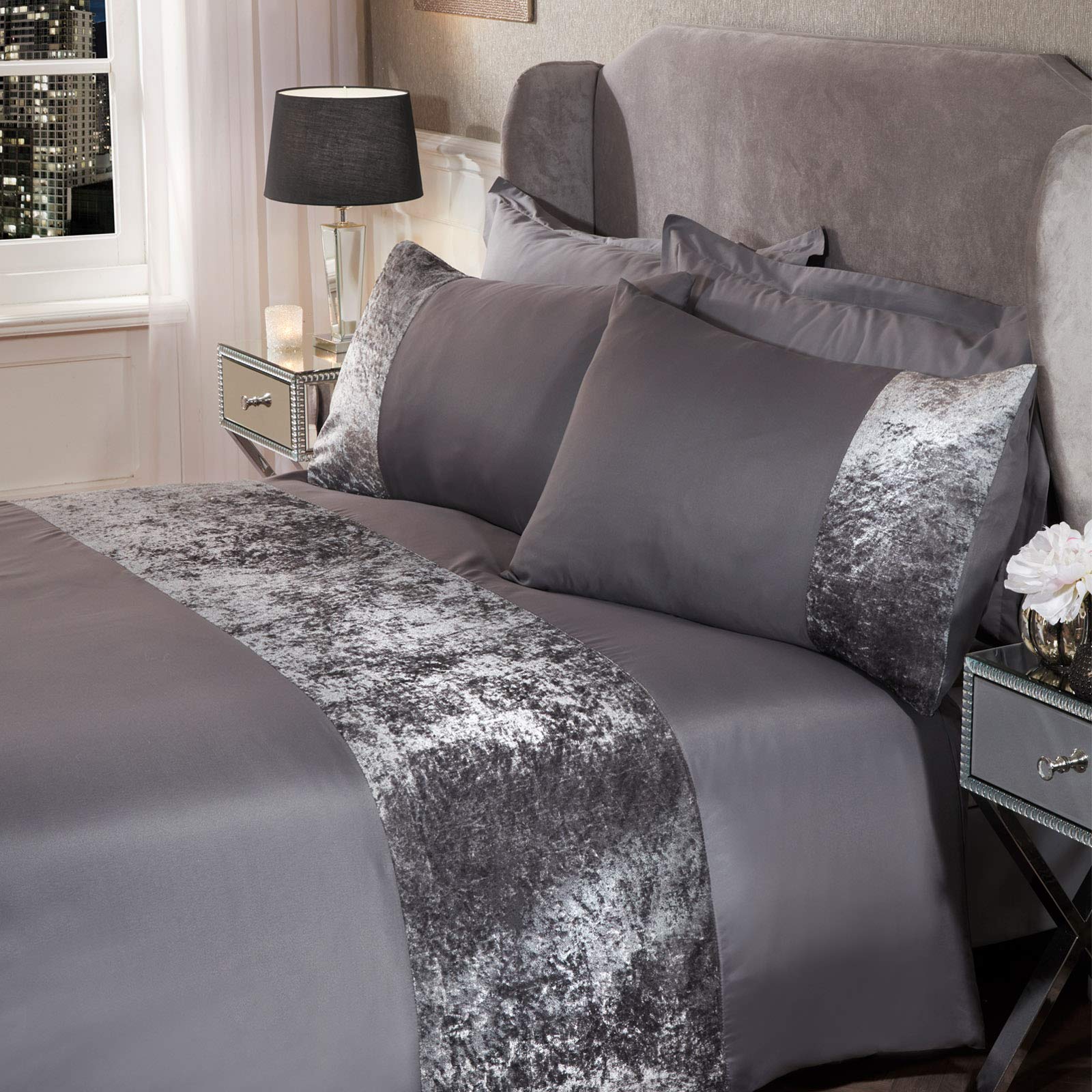 Sienna Double Duvet Set, Ultra Soft Warm Luxurious Crushed Velvet Band Design Double Bedding Stylish Silver Grey Quilt Cover Set with 2 Matching Pillowcases โ image 1