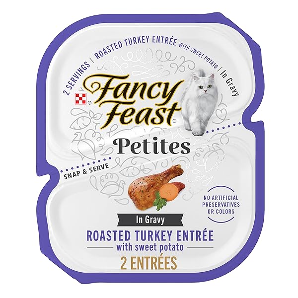 PURINA FANCY FEAST PETITES WITH ROASTED TURKEY ENTRÉE WITH SWEET POTATO IN GRAVY GOURMET WET CAT FOOD – (PACK OF 12) 2.8 OZ. TUBS