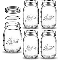 Regular Mouth Glass Mason Jars, 16 Ounce (5 Pack) Glass Canning Jars with Silver Metal Airtight Lids and Bands with…