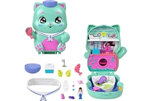 Polly Pocket Dolls and Playset, Set Sail Kitty Compact, Travel Toy with 1 Micro Doll, Pet Cats, Food & Fashion Styling Accessories