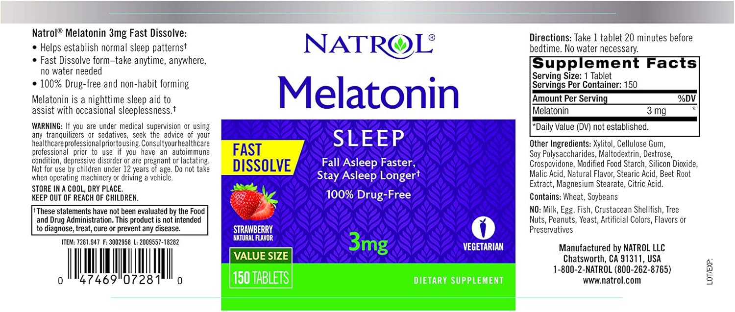 Natrol Melatonin Fast Dissolve Tablets, Helps You Fall Asleep Faster, Stay Asleep Longer, Easy to Take, Dissolves in Mouth, Faster Absorption, 3mg, 150 Count: Health & Personal Care