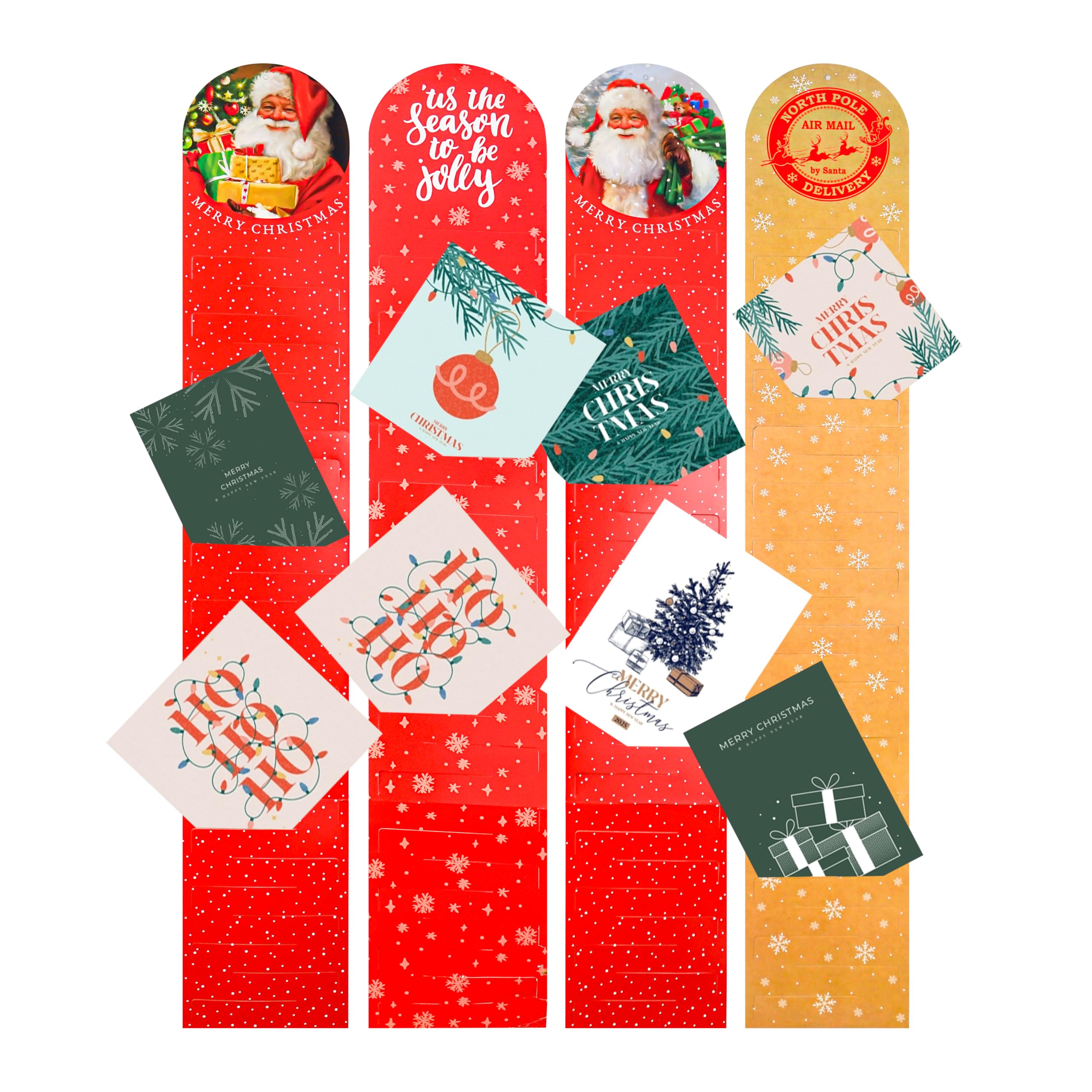 Karrma Ltd. Christmas Card Holder for Wall Traditional – Pack of 4 Red & Gold Vertical Hanging Organizers with Ribbon & Pegs – Holiday Display Holds 28 Cards for Home & Office