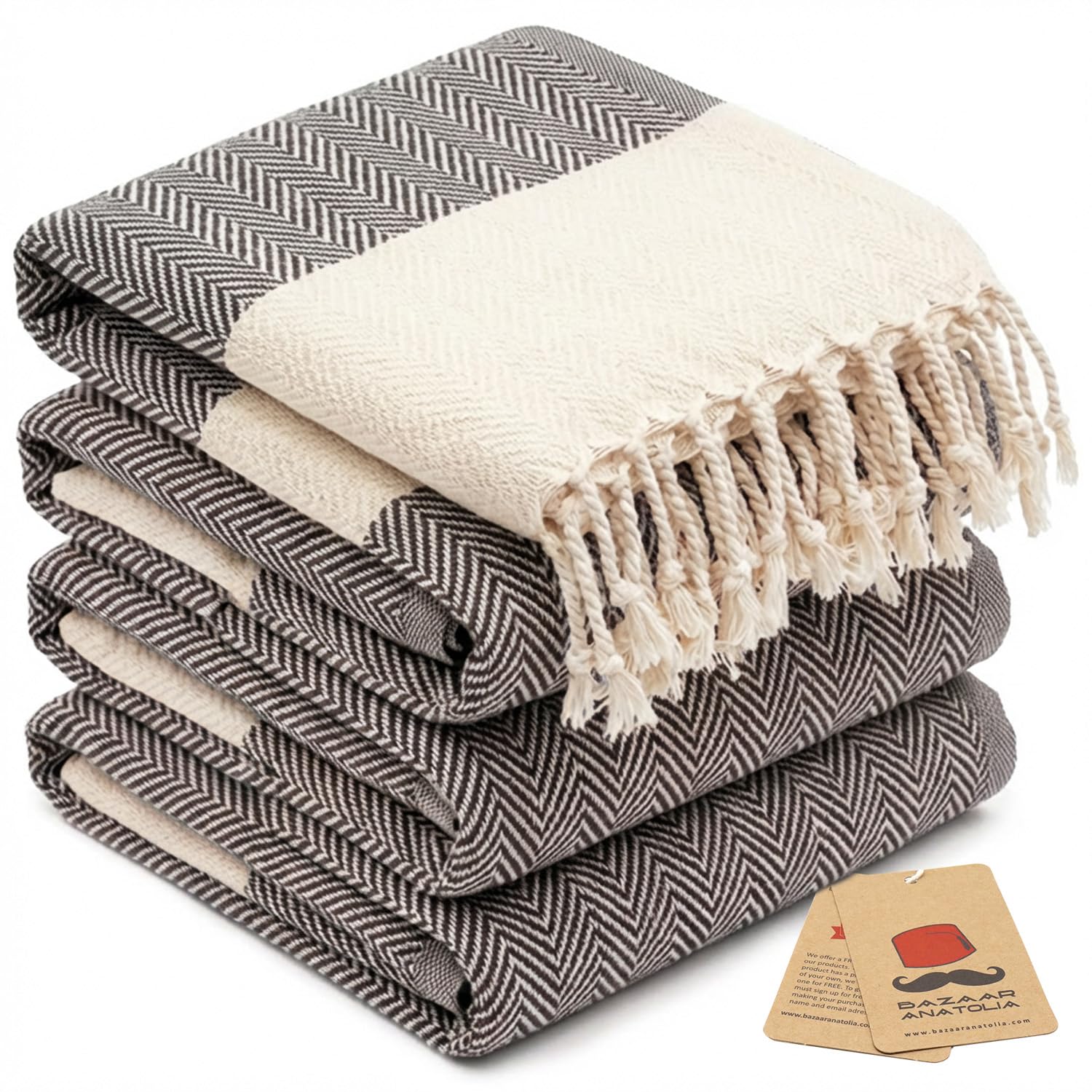 Bazaar Anatolia Hand Towels - Set of 4 | 39" x 19" - Decorative Turkish Hand Towel for Bathroom, 100% Cotton, Kitchen, Face, Hair, Tea, Dishcloth, Guest Towels - Herringbone Black