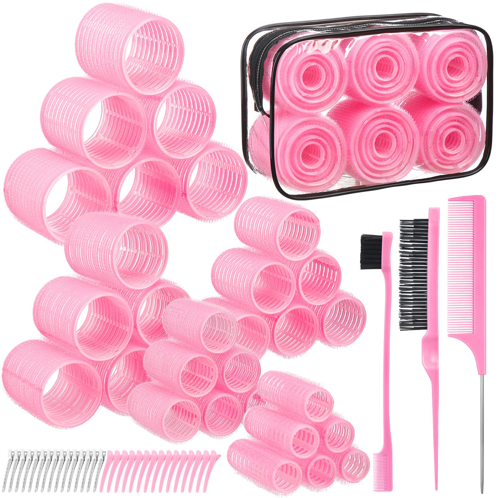 Photo 1 of 5 Sizes Self Grip Hair Rollers Set, 64 Pcs Rollers Hair Curlers with Clips Comb for Long Medium Short Hair (60 48 40 32 20mm), Pink