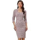 Allegra K Tweed Dress for Women Elegant 3/4 Sleeve Plaid Business Work Bodycon Pencil Dress