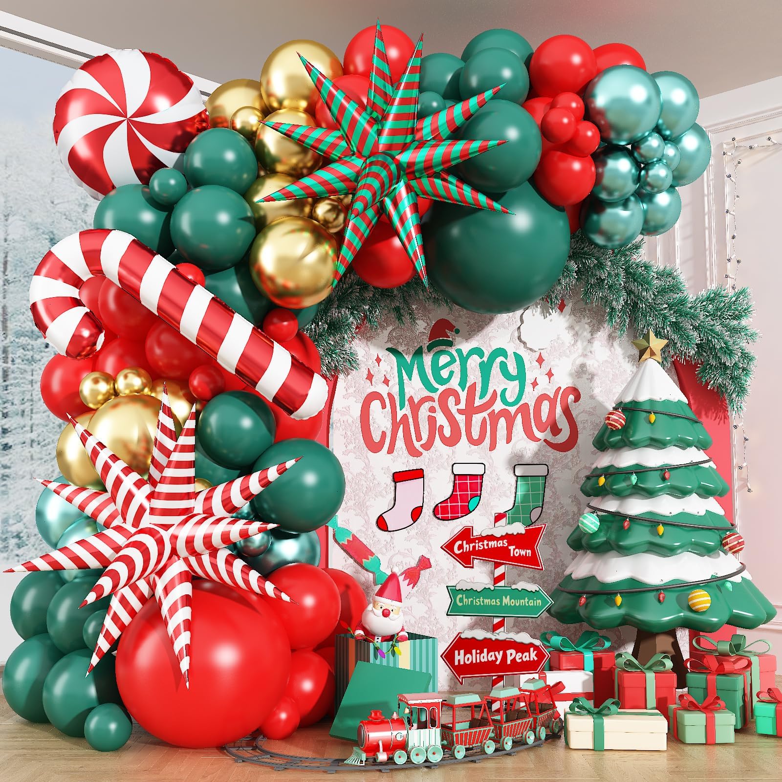 Froova Christmas Balloon Arch Garland Kit 107Pcs Green Red Gold Balloons Christmas Decorations Red Green Striped Explosion Star Balloon Windmill Candy Cane Balloons for Winter Holiday Xmas Supplies