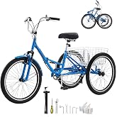 VEVOR Folding Adult Tricycle,20/24/26 inch Foldable 3-Wheel Bike for Adult | Shopping/Dog Basket,Adjustable Seat,Double-Wall Wheel Rims,1/7 Speed Carbon Steel Frame Comfort Trike for Men Women Seniors