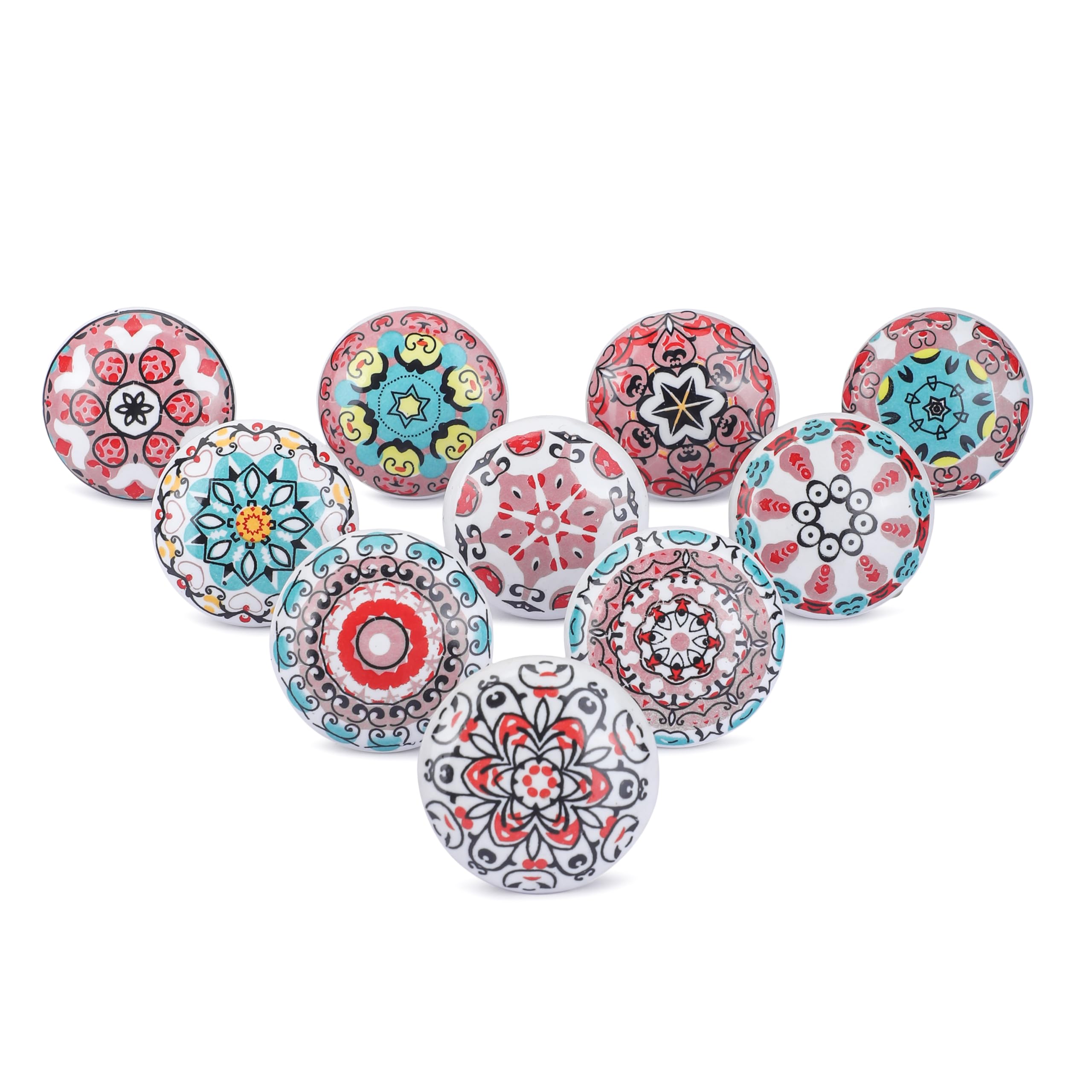 Ajuny Drawer Knobs Set of 10 Pink Floral Printed Ceramic Cupboard Door Drawer and Furniture Pulls for Kitchen Bathroom Cabinets Dresser Handmade Pottery Decorative Handles Knobs