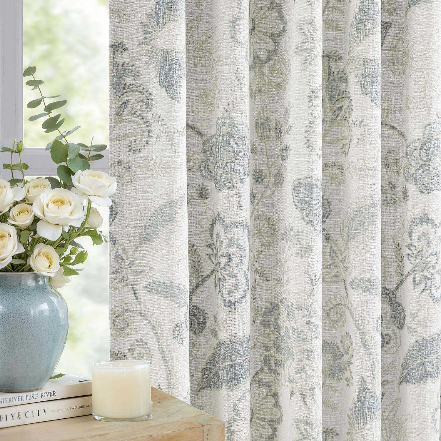 Photo 1 of Kayne Studio Blue Grey Blackout Curtain Panels Linen Botanical Leaf Print Floral Farmhouse Drapes Soundproof Light Blocking Window Treatment Living Room Bedroom Pinch Pleated BackTab,40"x84",2 Panels