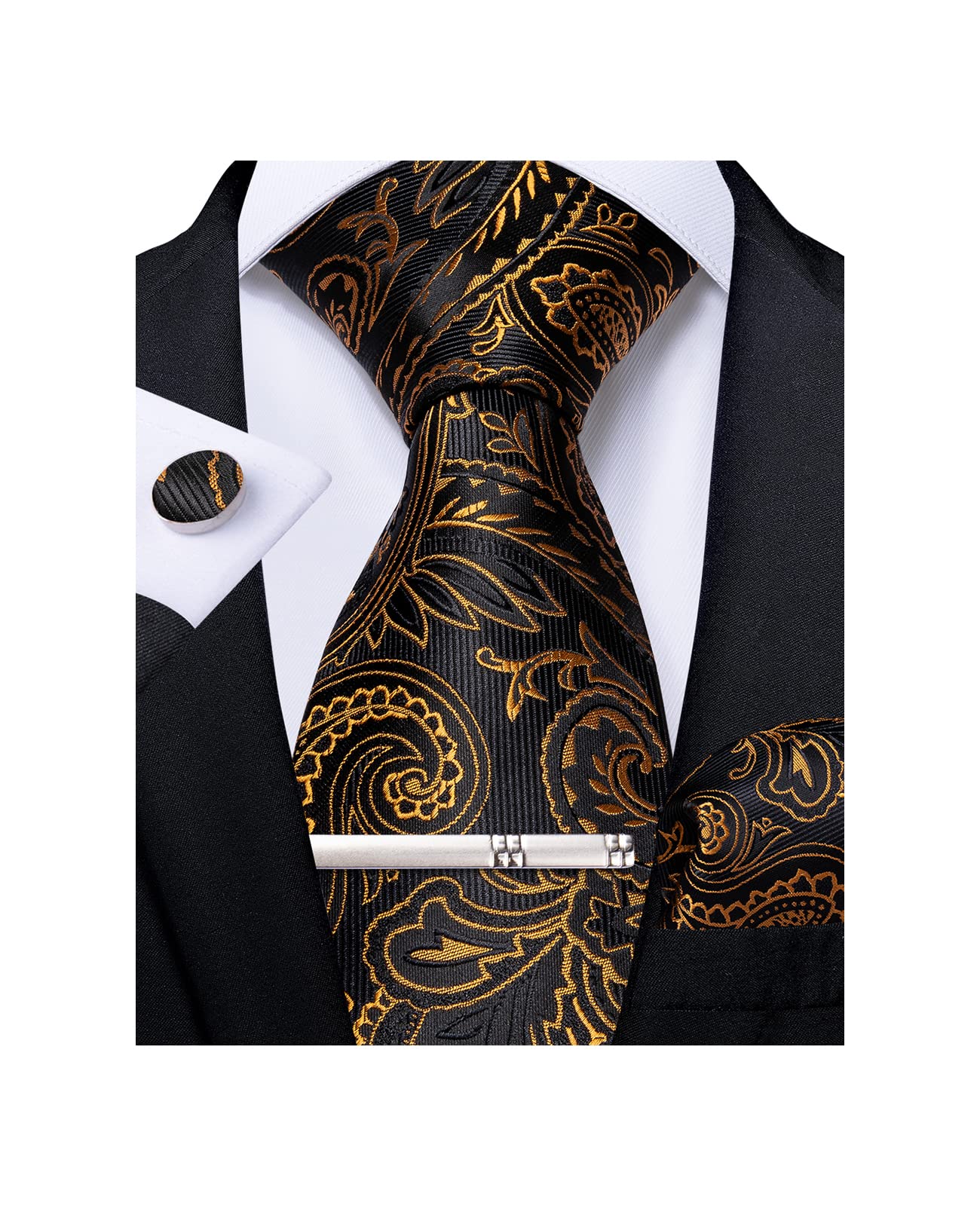DiBanGu Mens Tie Silk Black and Gold Paisley Necktie & Pocket Square Cufflinks Tie Clip Set Classic Formal Ties for Wedding Party