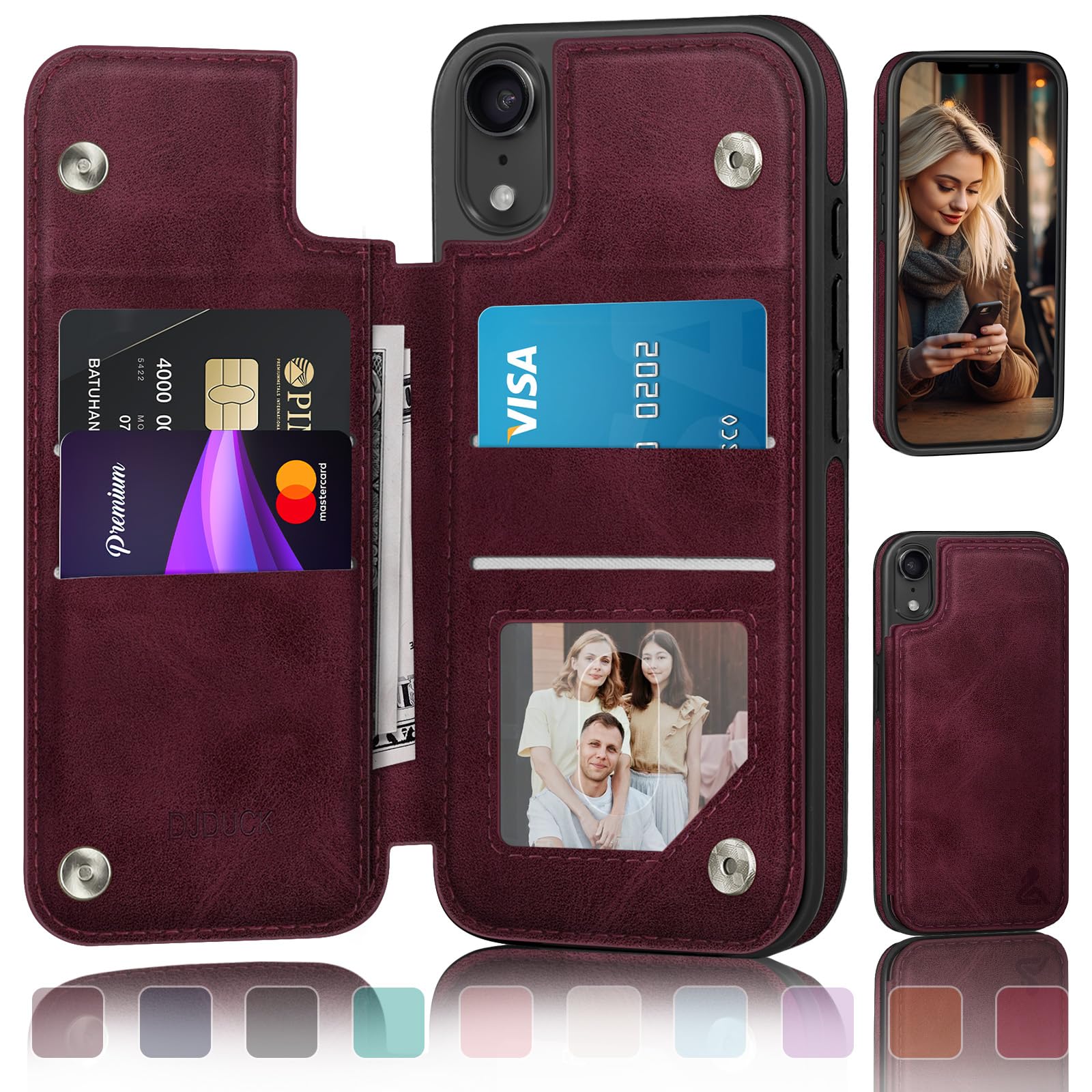 Photo 1 of DJDUCK Designed for iPhone XR Case Wallet with Card Holder, [Magnetic Clasp Cover] [RFID Blocking Leather Protection] Shockproof Women Men Cases 6.1 Inch for Apple XR Wine Red