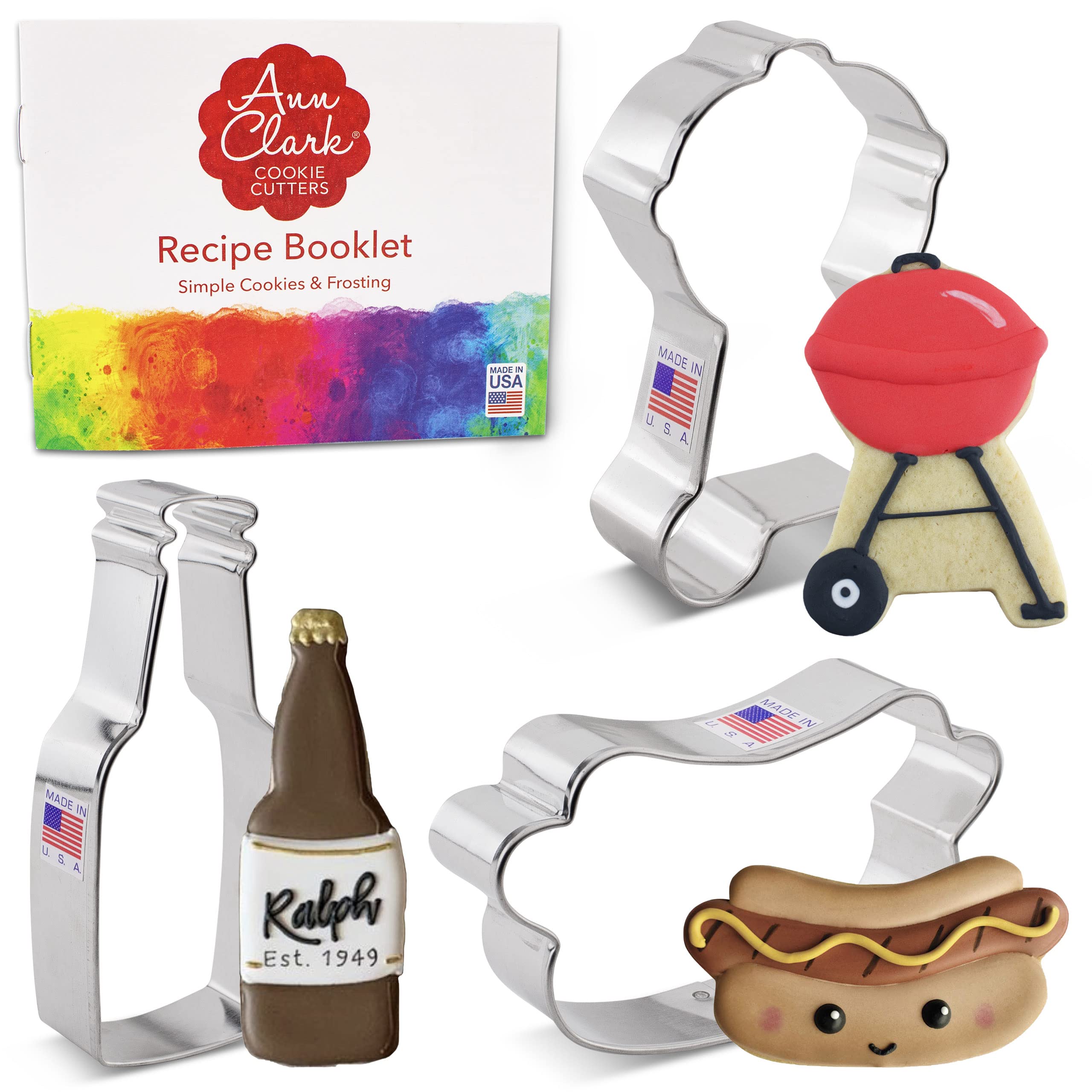 Father's Day BBQ Gril Cookie Cutters 3-Pc Set Made in the USA by Ann Clark, Beer/Soda Bottle, Hot Dog, BBQ Grill