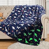SOCHOW Glow in The Dark Throw Blanket 50 x 60 Inches, Jurassic Dinosaur Pattern Soft Cozy Flannel Fleece Blanket for Sons Daughters, All Seasons Navy Blue Presents Blanket for Preteens Teens