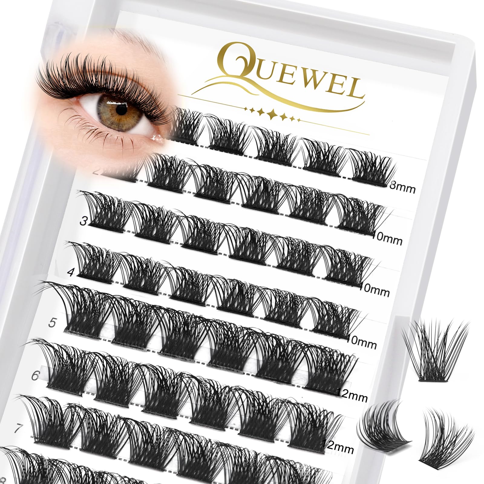 QUEWEL Cluster-Lashes 72 Pcs Individual-Lashes Wide Stem C/D Curl 8-16mm Length DIY Eyelash Extension Individual-Cluster-Lashes Natural&Mega Styles for Personal Makeup Use at Home (Mega-D-MIX8-16) — image 1