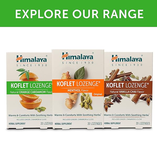 HIMALAYA KOFLET LOZENGES, ORANGE CARDAMOM FLAVOR, NATURAL HERBAL COUGH DROP FOR WARMING RELIEF AND SOOTHING THROAT COMFORT, 130 MG, 20 LOZENGES