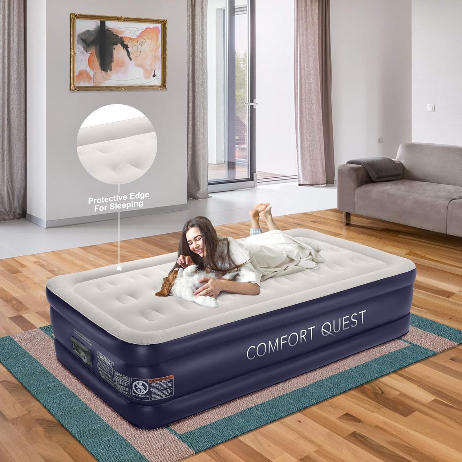 COMFORT QUEST Queen Air Mattress with Built-in Pump for Guest, Dark Blue: Home & Kitchen
