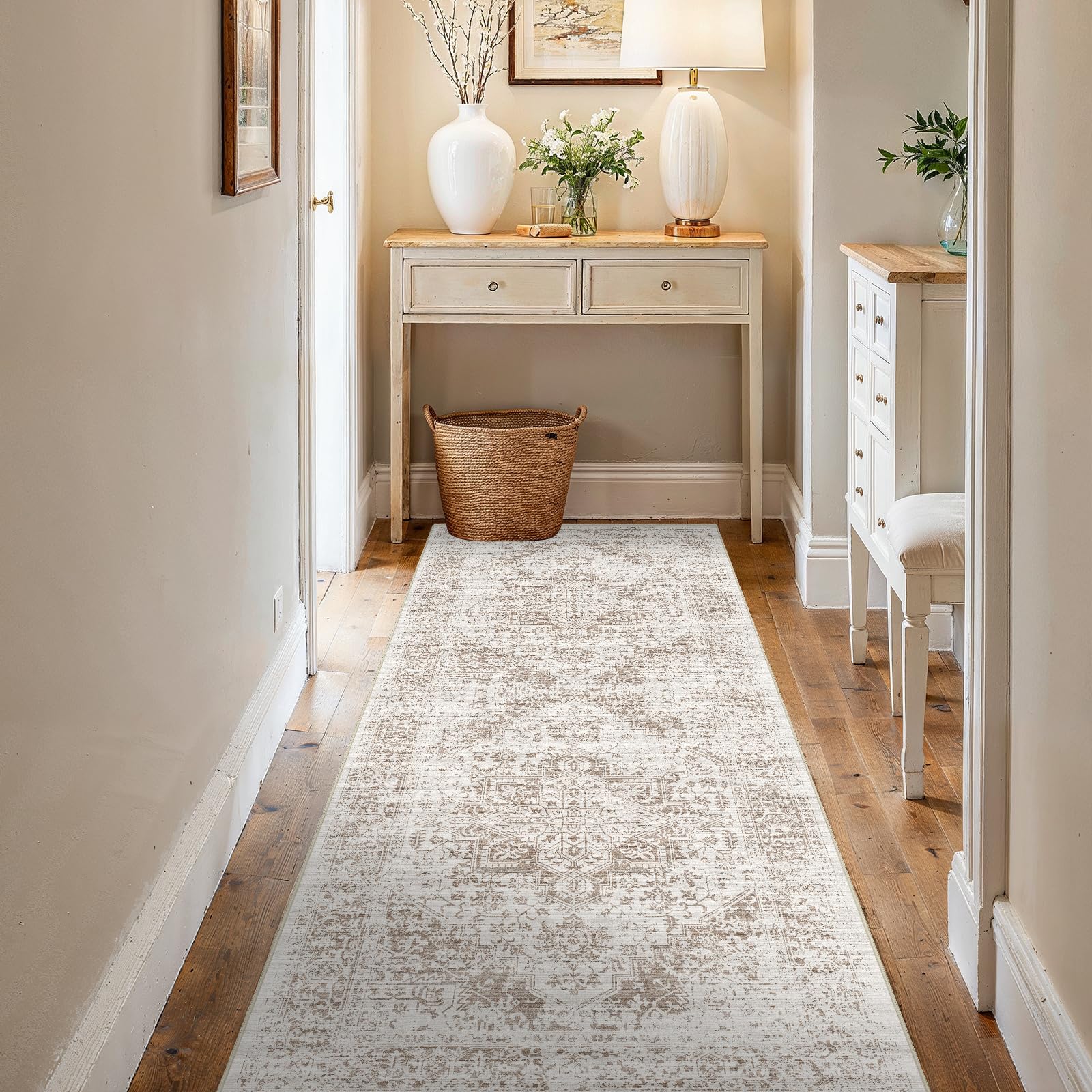 3x6 Washable Hallway Runner Rug - Non Slip Kitchen Runner Rugs with Rubber Backing Vintage Low-Pile Carpet Runners for Entryway Dining Room Laundry Room Home Decor (Cream/Camel) Image