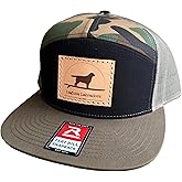 Laguna Beach Labradors Camo Flat Brim Trucker Hat, Mesh Snapback Baseball Cap with Custom Leather Patch, Military Green, Black, Tan, One Size. Labrador Retriever Lover