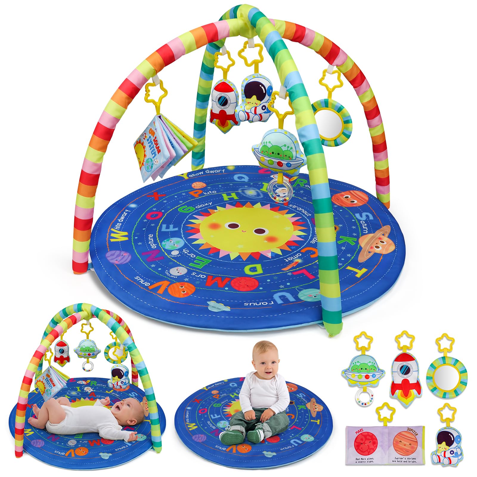 Photo 1 of OKOOKO Baby Play Mat, Activity Baby Play Gym with Arch, Solor System Playmats & Floor Gyms, Alphabet Mat, Detachable Mirror, Thick Non Toxic Playmats for 0+