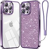 Meifigno Candy Series Designed for iPhone 15 Pro Case, Never Fade Metallic Glossy Bumper, [Glitter Card & Wrist Strap] Soft Clear Back for iPhone 15 Pro Phone Case Women Girly, Purple