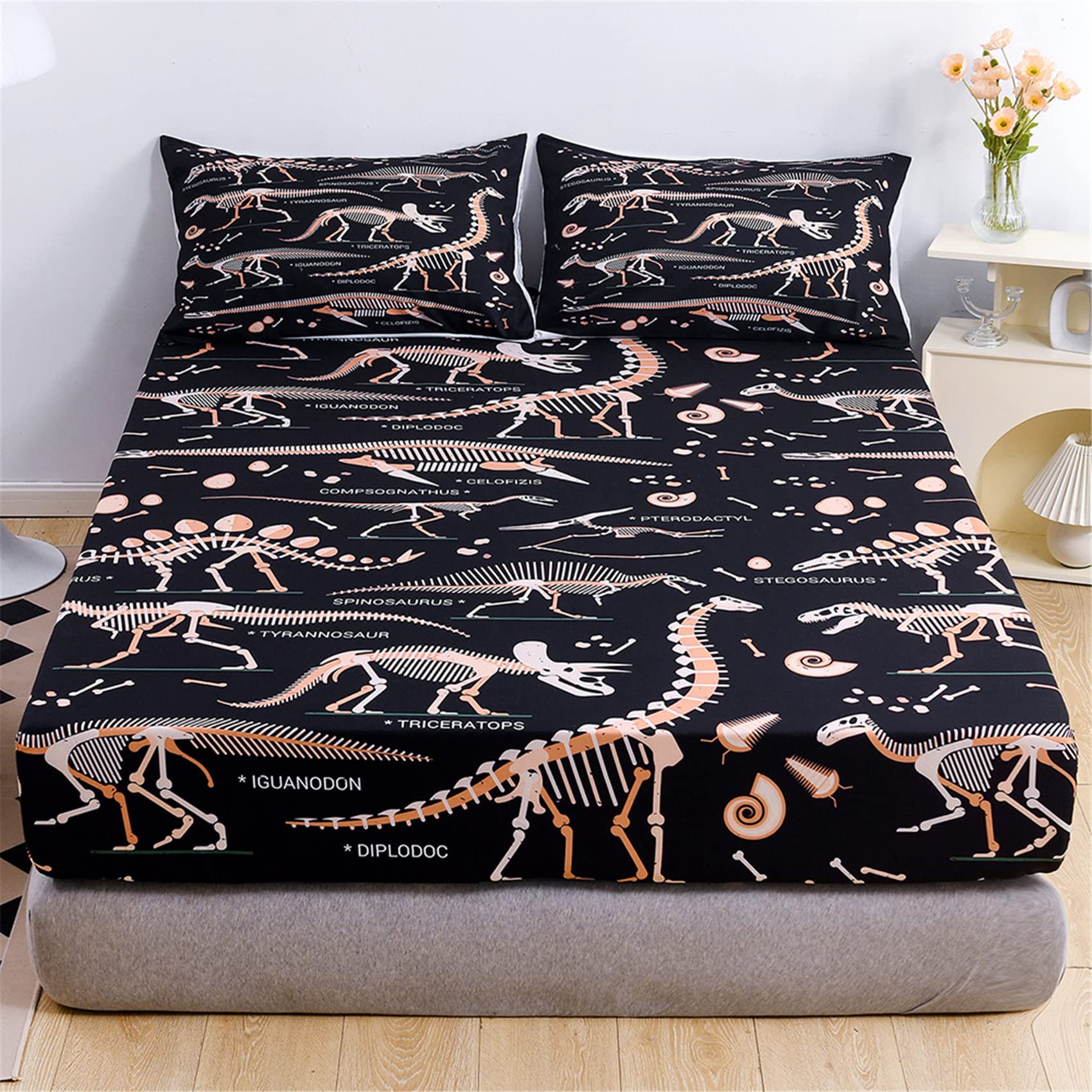 Photo 1 of URLINENS Dinosaur Fitted Sheet & Pillowcase Set, Full Size, Jurassic Evolution Dino Bones Bedding Set, 3 Piece, Kids Boys Girls Teens Fun Bed Sheet