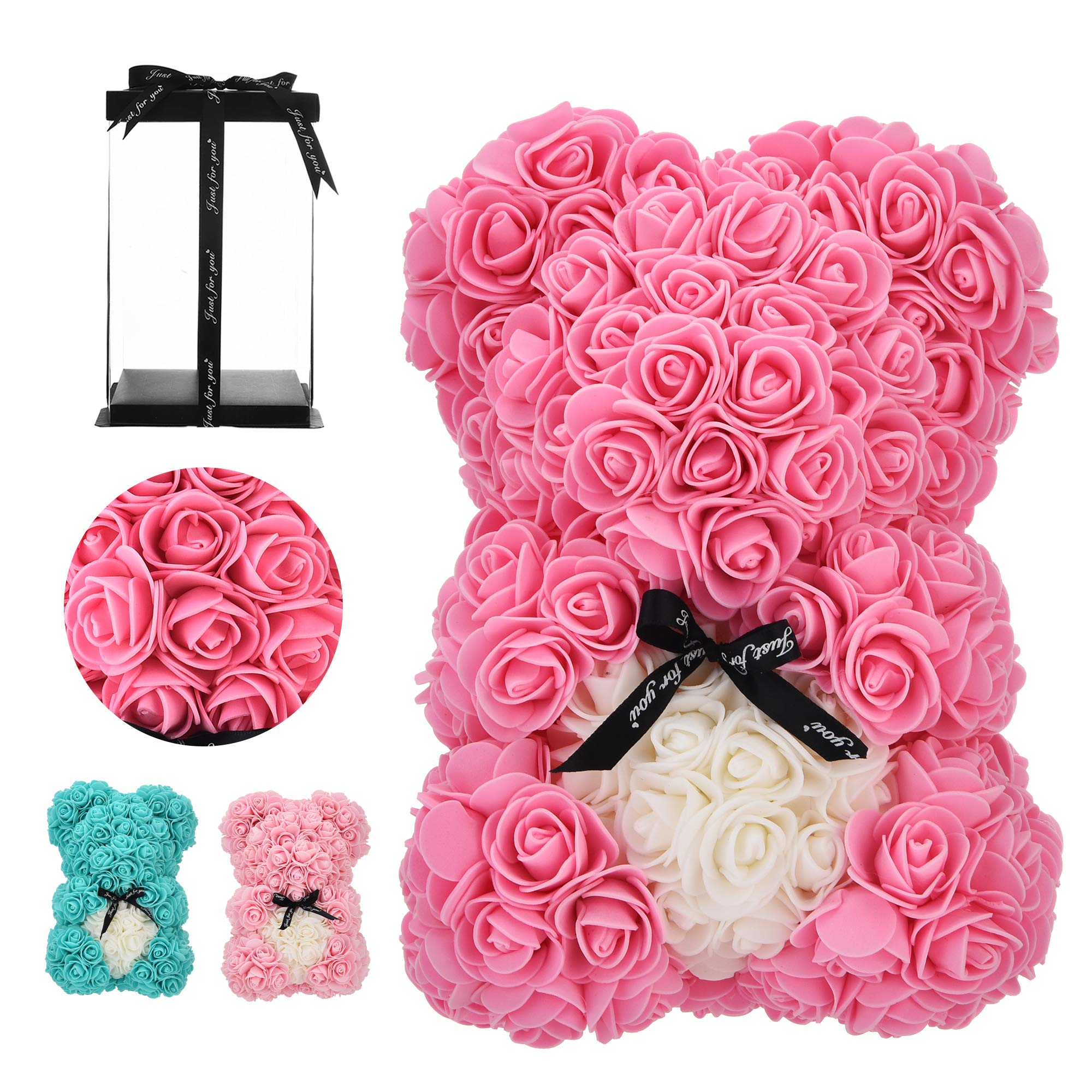 Rose Bear Rose Teddy Bear Best Gift for Valentines Day, Anniversary, Birthdays & Bridal Showers Fully Assembled 10 inch Flower Bear- w/Clear Gift Box (pink)