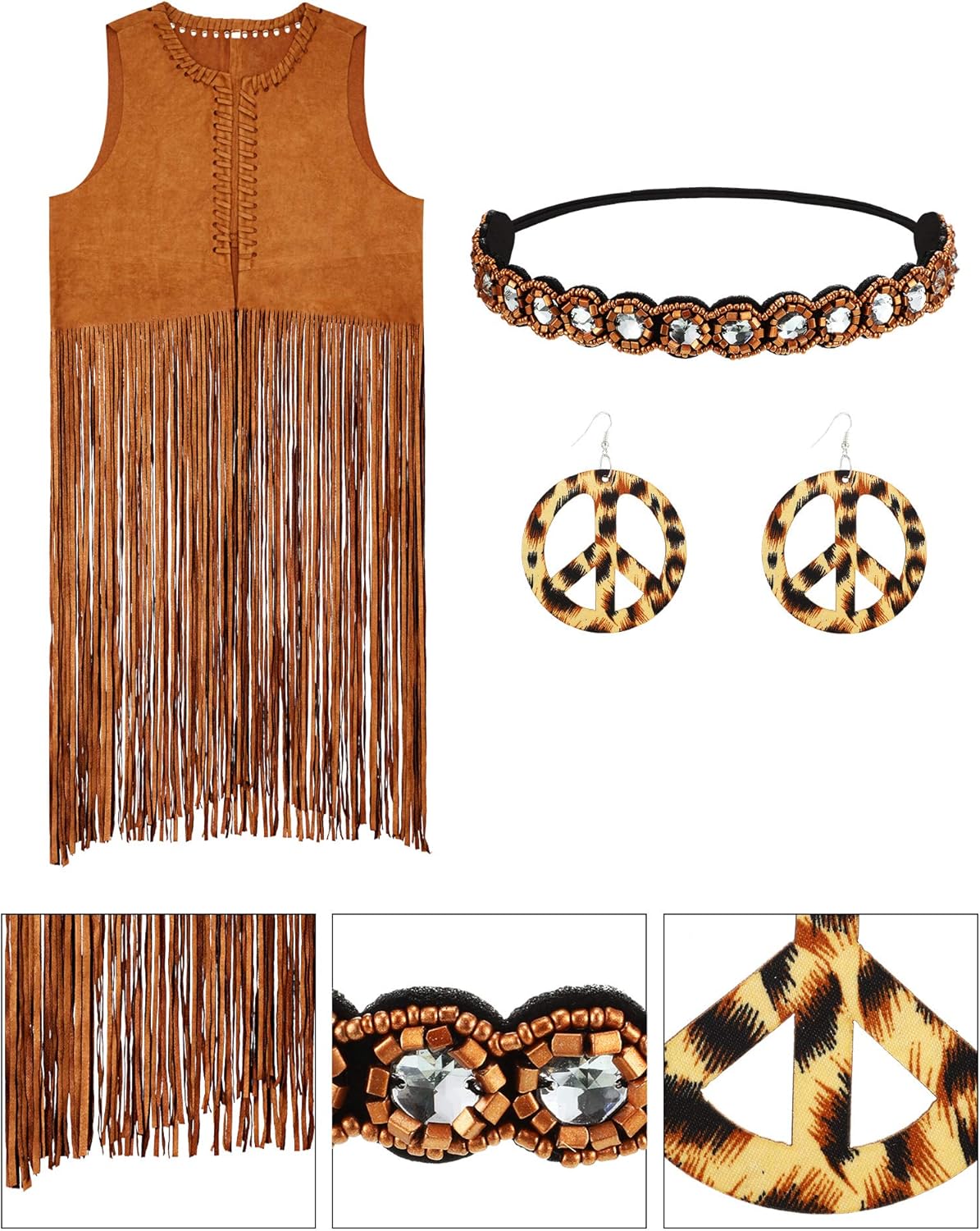 4 Pieces Women Hippie Costume Set Fringe Vest Faux Suede Tassels Vest (XL), Multicoloured - Image 5