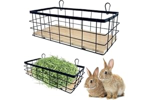 Sysmashing 2PCS Rabbit Hay Feeder, Bamboo Wood Mat Wrought Iron Frame Hay Rack for Rabbits, Guinea Pigs, Chinchilla