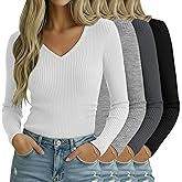 Oakgarden 4 Pack Women Long Sleeve Shirts, 95% Cotton V Neck Ribbed Knit Tops Fitted Lightweight Basic Going Out Shirts