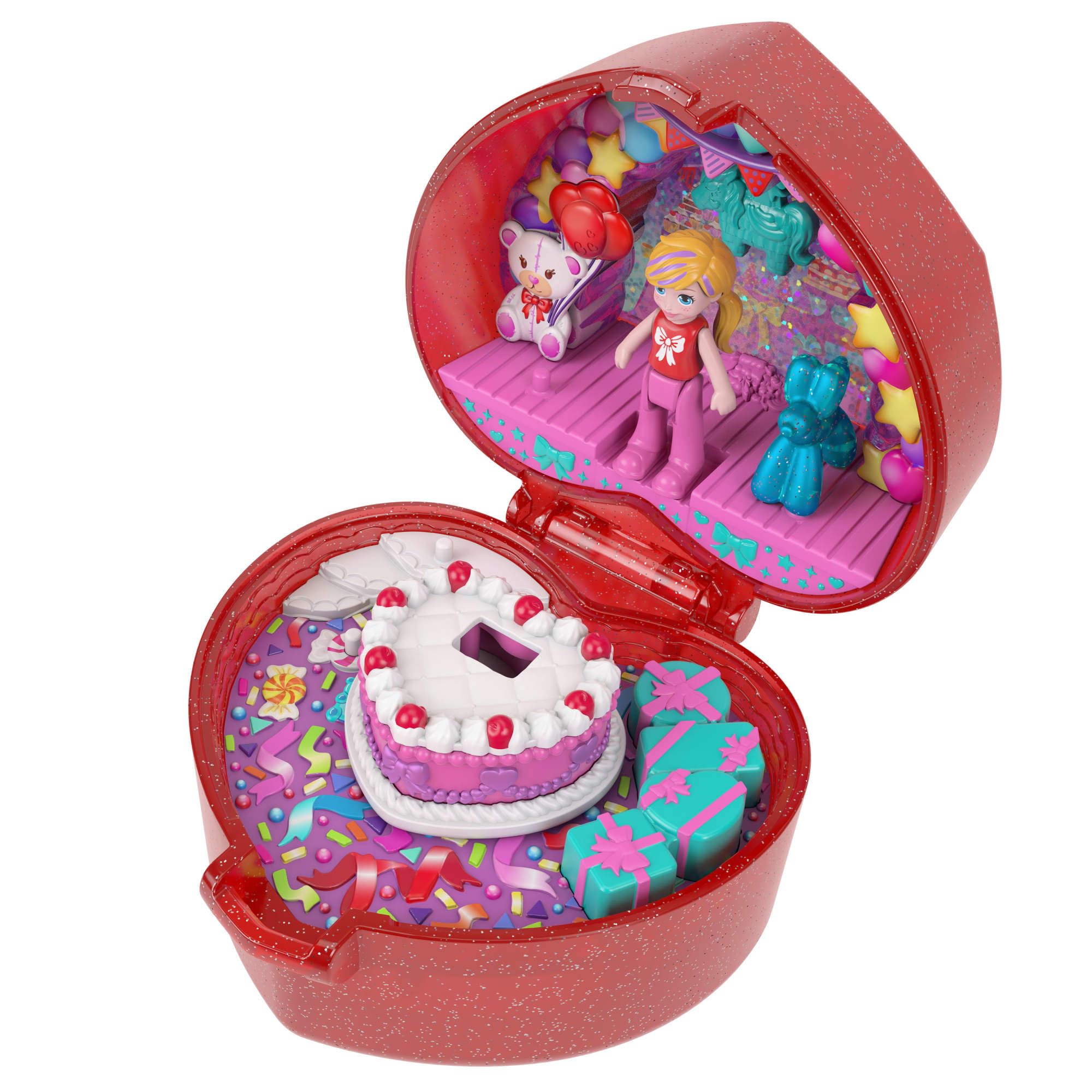 Polly Pocket Mattel 80th Anniversary Compact Playset, Jewelry Box with Doll, Balloon Pet, and Wearable Ring, Ring Box with Celebration Theme, JGK21