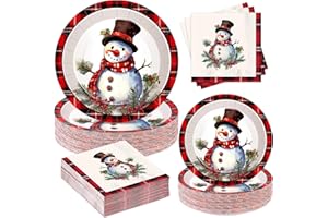 GIFTPIONEERS 200Pcs Christmas Paper Plates and Napkins, Snowman Plates and Napkins, Xmas Party Decorations Supplies Disposable Holiday Dinnerware Set, Serves 50