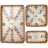 Rectangle Rattan Serving Tray with Mother of Pearl Inlay, Handmade Wicker Coffee Table Basket for Fruit Bread Food Tea Party Picnic Table Kitchen Home Boho Decor 3 Sizes (Moroccan Blossoms)