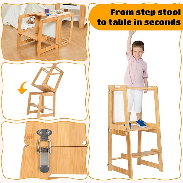 TODDLER TOWER – TODDLER STOOL FOR KITCHEN – 3-IN-1 TODDLER KITCHEN STEP STOOL – FOLDABLE TODDLER TOWER FEATURES: TABLETOP, STEP STOOL LADDER, AND WHITEBOARD WITH INCLUDED MARKERS AND DRY ERASER