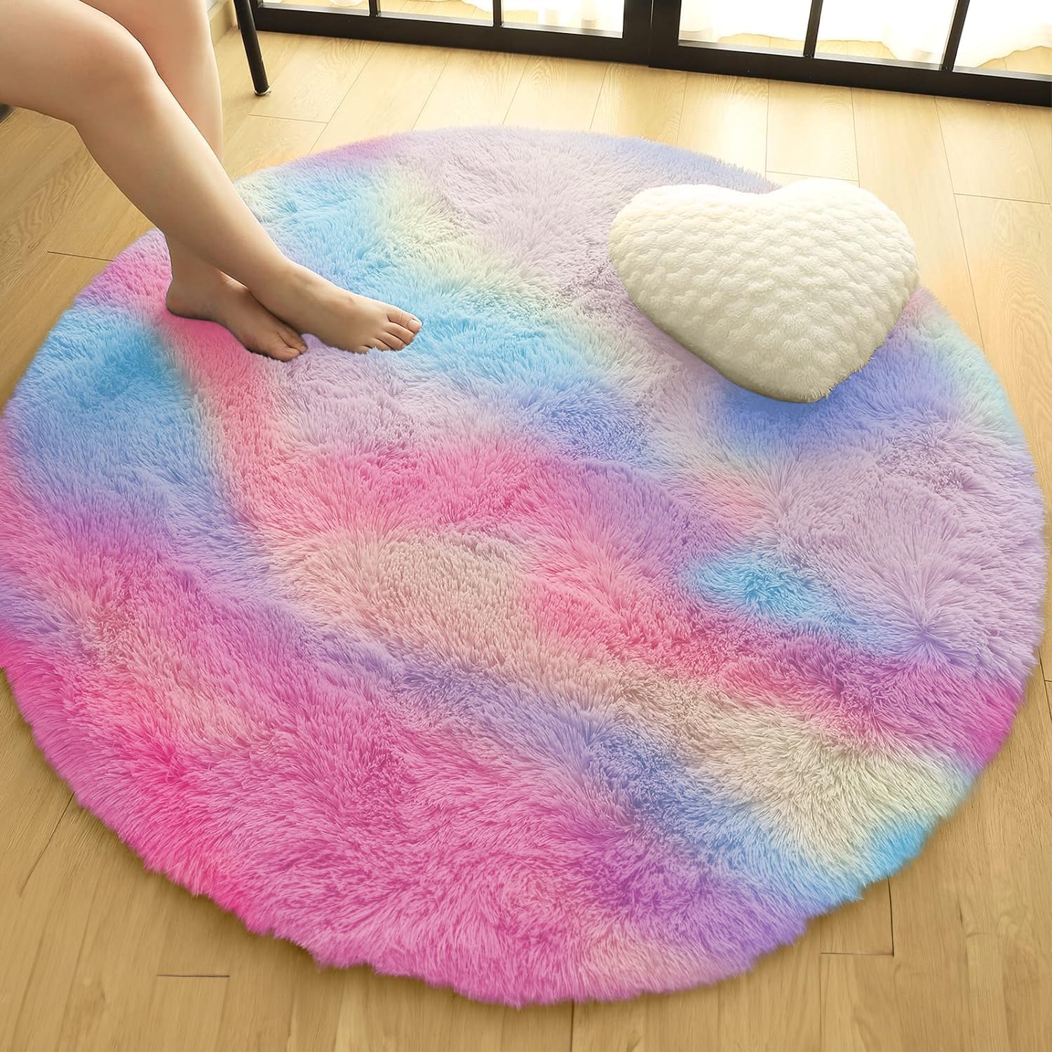 Oxford Homeware Round Rugs Living Room 120x120 cm – Fluffy Shaggy Rainbow Area Rugs for Bedroom, Lounge – Modern Super Soft Non Slip Rug Washable Floor Carpets Bedside Rug for Kid Room