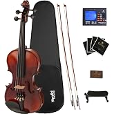 Mendini By Cecilio 4/4 Violin For Beginners, Black Solid Wood - Flamed Acoustic Violins Set with Case, Tuner, Shoulder Rest, Bow, Rosin, Bridge &amp; Strings