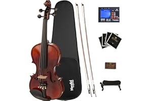 Mendini By Cecilio 4/4 Violin For Beginners, Black Solid Wood - Flamed Acoustic Violins Set with Case, Tuner, Shoulder Rest, Bow, Rosin, Bridge & Strings
