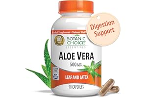 BOTANIC CHOICE Aloe Vera- Leaf and Latex, Digestive, Liver, Stomach health-Contains Amino Acids, Vitamins, Minerals, Enzymes- 500mg-Gluten Free, Non-GMO-90 capsules
