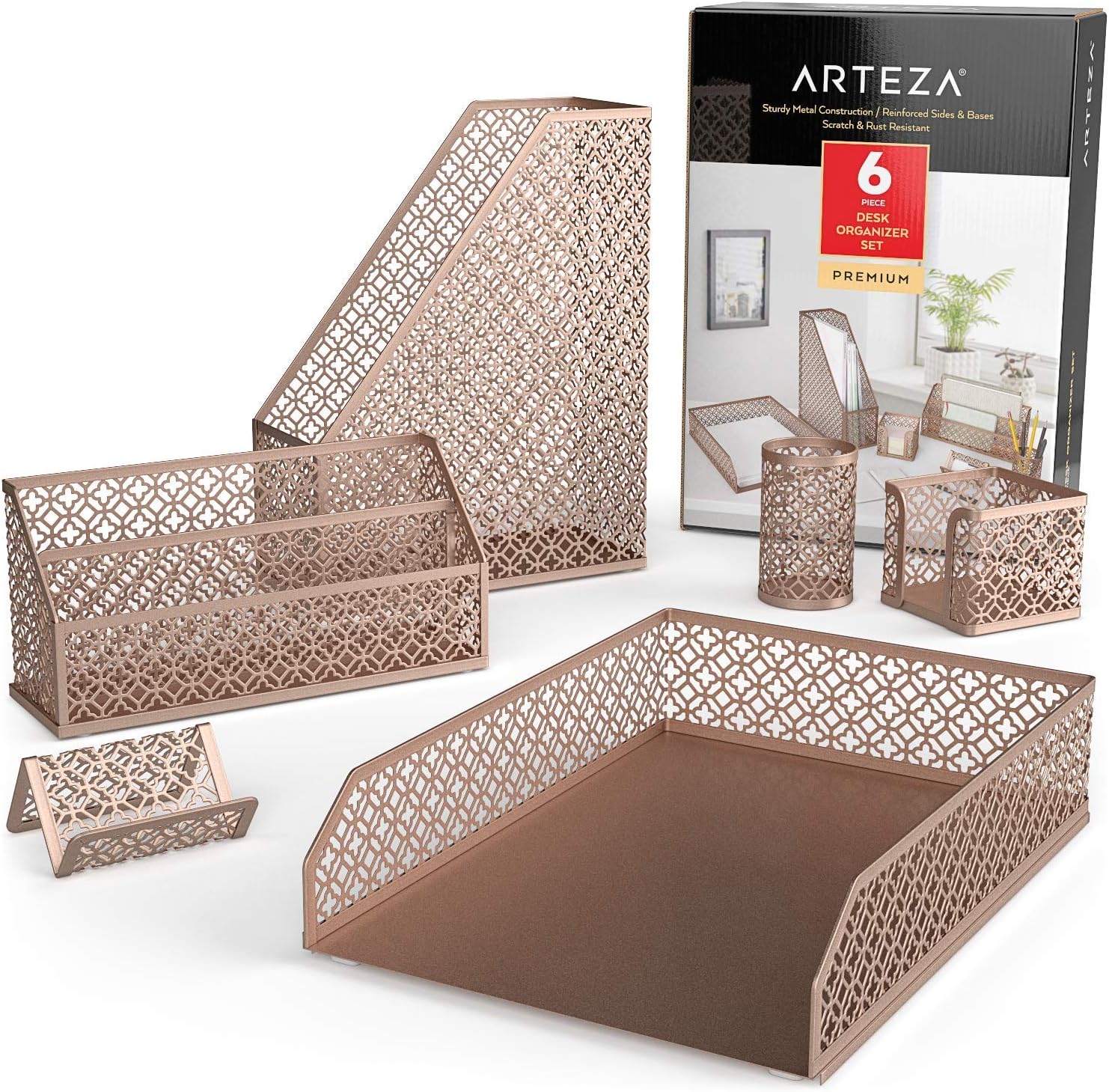 Arteza Desk Organizer Accessories Set in Rose Gold, 6-Piece Includes Pencil Cup Holder, Letter Sorter, Letter Tray, Magazine Holder, Name Card Holder, Sticky Note Holder for Home or Office : Office Products