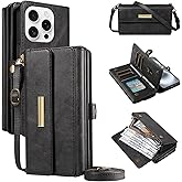 Magnetic Wallet Case Compatible with iPhone 15 Pro Max PU Leather Shoulder Strap Detachable Case RFID Blocking Card Holder Slots Kickstand Shockproof Protective Phone Cover for Women Men