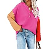 Pink Queen Women's V Neck Button Sweater Oversized Batwing Long Sleeve Henley Pullover Knit Jumper Top