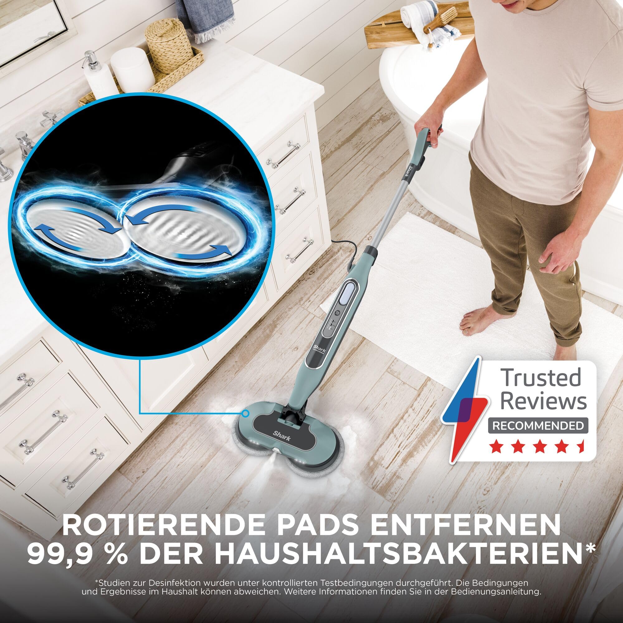 Shark Dampfreiniger Mop, automatisch, mit Steam Blaster, 6 Schmutzfänger-Pads, 3 Dampfstufen, bei Flecken und Schmutz, hygienische Reinigung für versiegelte Hartböden, 8m Kabel, Salbei-Grün, S8201EUCP 2
