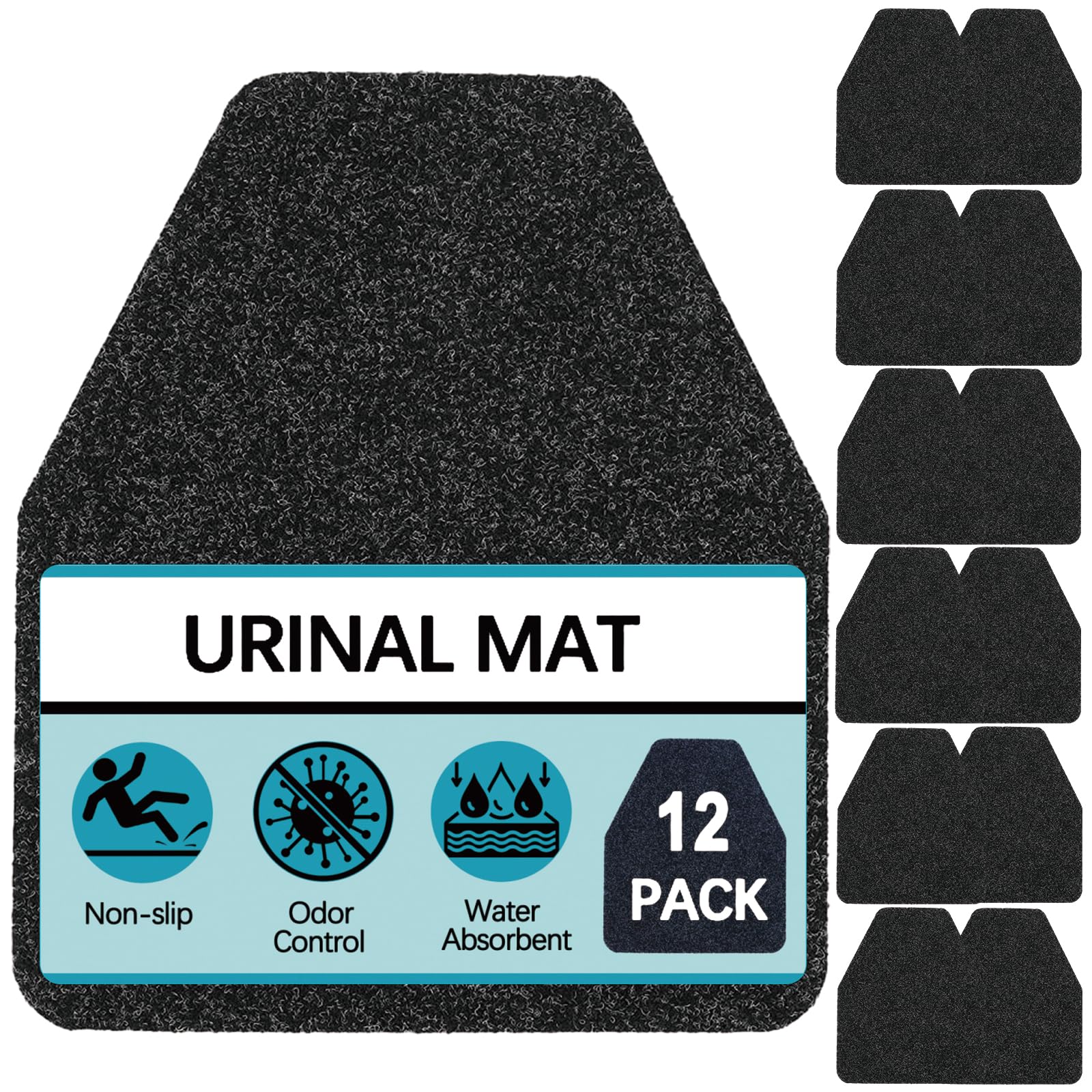 Photo 1 of Basima Urinal Mats for Men Bathroom 12 Pack Washable Bulk Rubber Urinal Floor Mats for Toilet Commercial, Non-Slip Disposable Urinal Pads for Mens Room, 17.5" x 20.5", Black