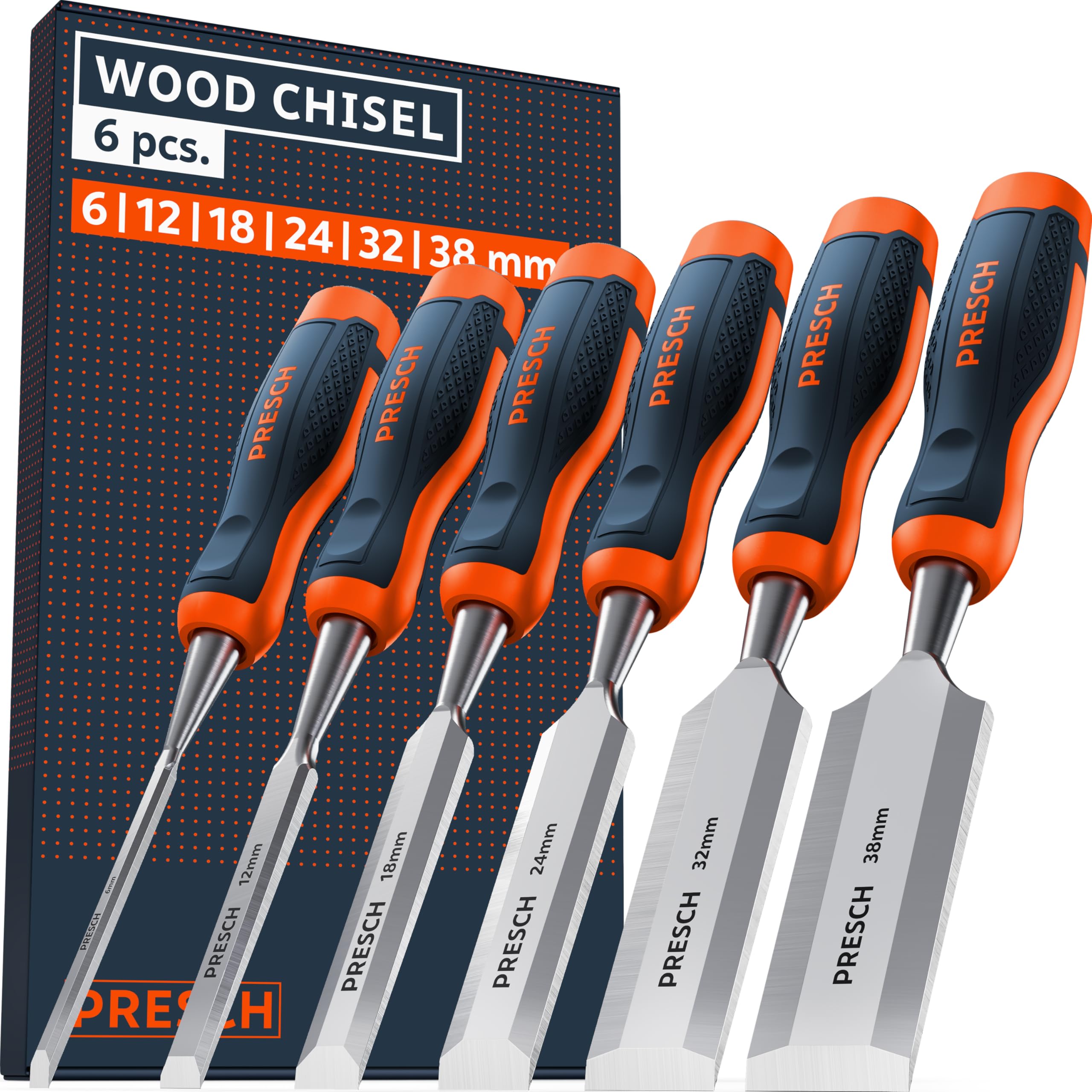 Presch Wood Chisel Set 6 pcs. (6, 12, 18, 24, 32 & 38mm) - Fully Polished for immediate use - for Professionals with a 25° Angle and Robust Metal Striking Cap