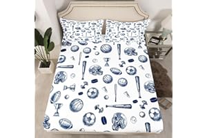 Kids Sports Bedding Set Twin Size Soft Baseball Football Soccer Themed for Teens and Children Ball Fitted Sheets for Boys and
