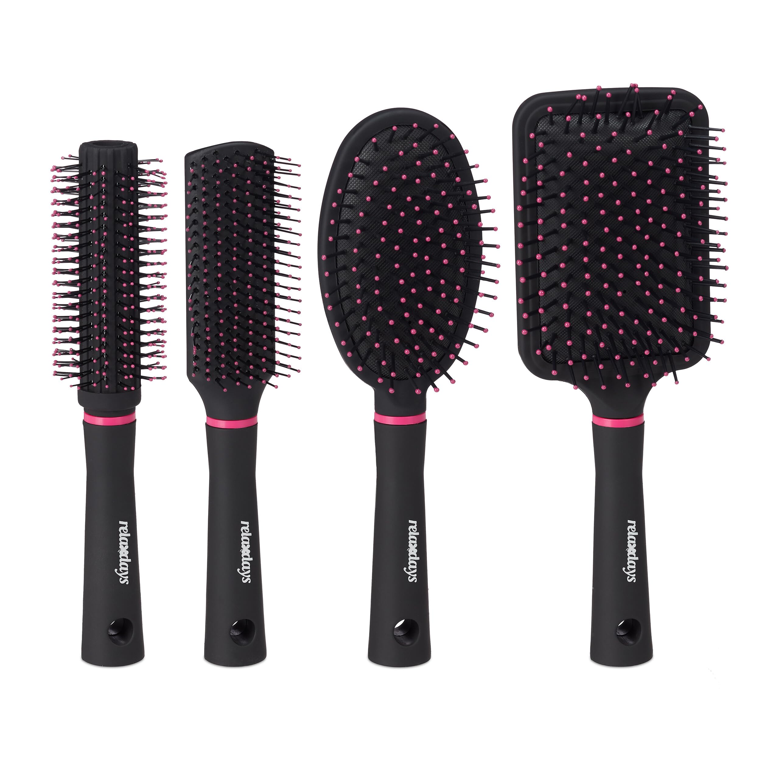Relaxdays Hairbrushes Set of 4, Travel Bag, Round, Rectangular, Paddle, Detangle