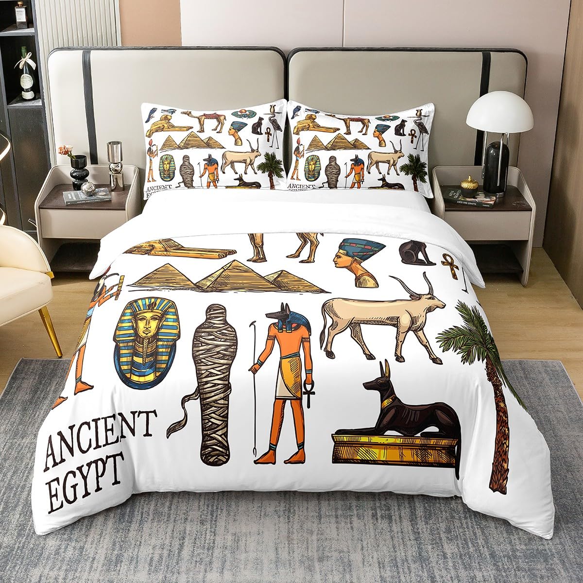 Loussiesd Tribal 100% Cotton Duvet Cover Double Size Egypt Culture Bedding Cotton Duvet Cover Set for Bedroom Egyptian Print Bedding Set Exotic Theme Comforter Cover Set White Yellow Bedspread Cover