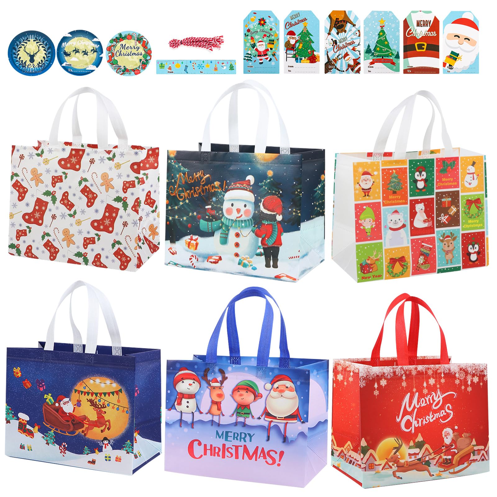 6pcs Multipack Large Medium Size Reusable Gift Bags with Handle - Christmas, Wrapping, Party Bags for Presents - Kids, Adults with Xmas Tags